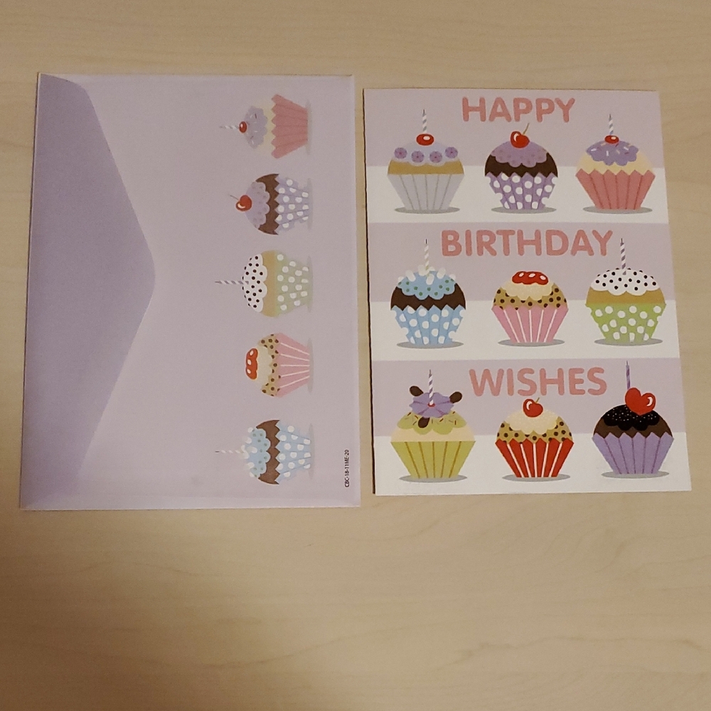 Happy Birthday Card with Matching Envelope featuring Cupcakes